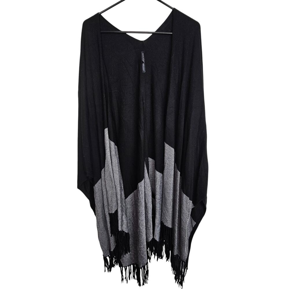 White House Black Market Wool Sweater Wrap Sz M/L Fringe Colorblock Comfy Cozy